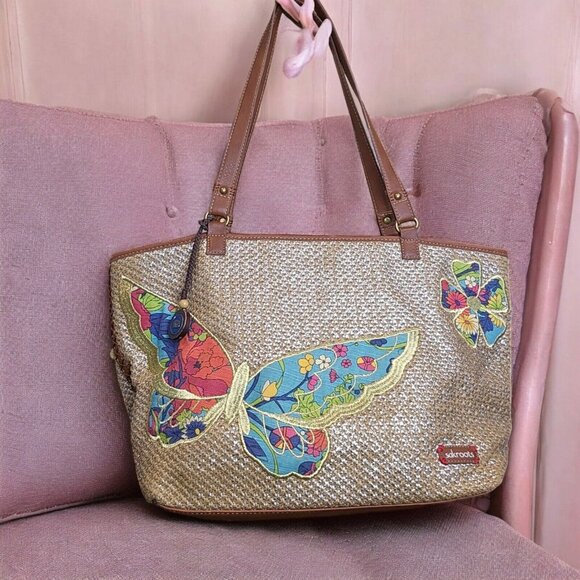 Sakroots Straw Large Shoulder Handbag Bag Butterfly Floral Purse Peace Boho Gold - Picture 1 of 16
